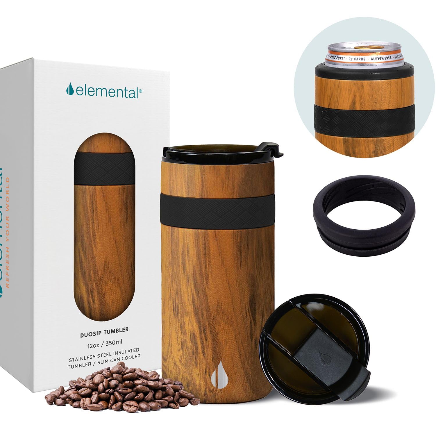Elemental Duo-Sip 2 in 1 12oz Coffee Tumbler - Leak Proof Tumbler with Flip Lid for Slim Can Cooler - Triple Wall Insulated Tumblers for Hard Seltzer, Hot & Cold Beverages - Teakwood