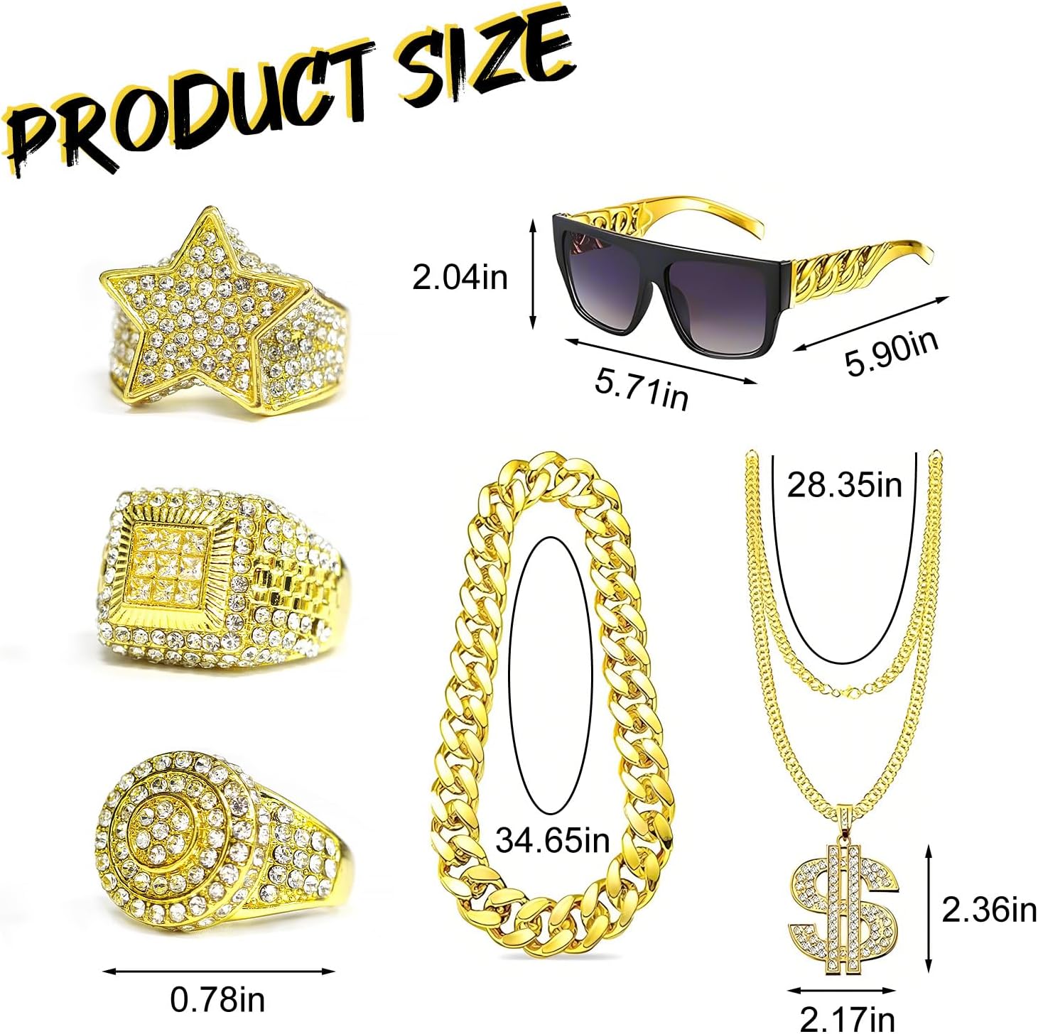 80s 90s Outfit for Men Hip Hop Rapper Costume Accessories Kit Rapper Sunglasses Dollar Sign Chain Ring Halloween Party Costume - Image 2