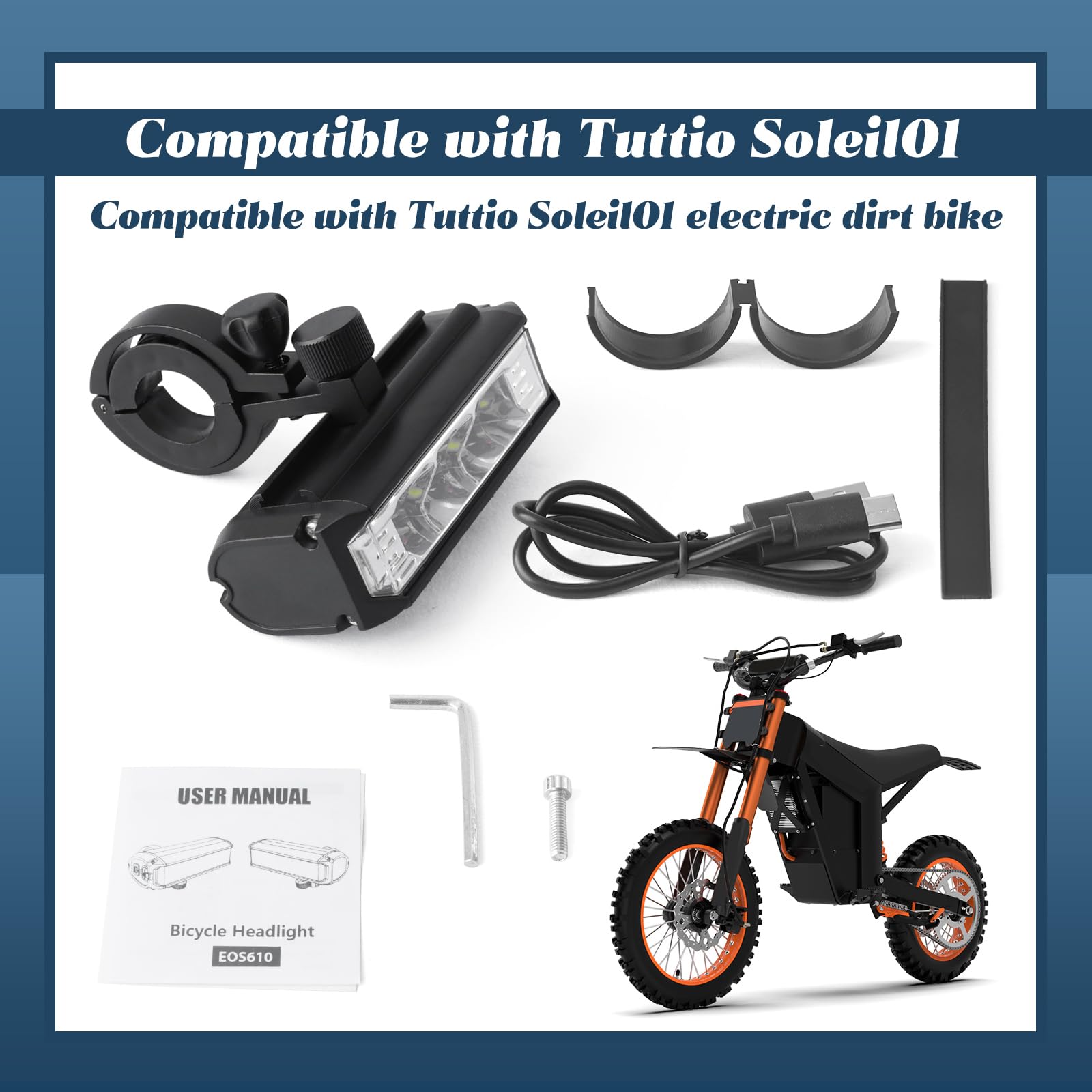 Luce LED per bicicletta compatibile con moto da cross elettrica Tuttio Soleil01, ricaricabile tramite USB, per guida notturna, luci di marcia diurna con staffa di montaggio e strumenti