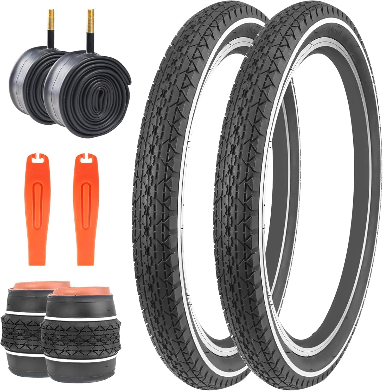 20"/24"/26" x 2.125" Folding Replacement Bike Tires for Beach Cruiser Bike，Bicycle Tires for Commuter Bikes，White Wall，1/2Tires & 1/2 Tubes & 2 Levers
