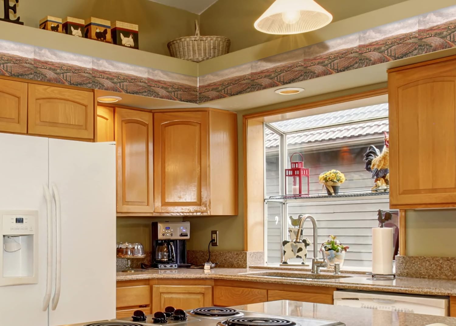 CONCORD WALLCOVERINGS ™ Wallpaper Border Nature Pattern Autumn Village Fields for Cottage Farmhouse Kitchen, Brown Green Yellow Orange White, 15 ft by 10 in KM7804B