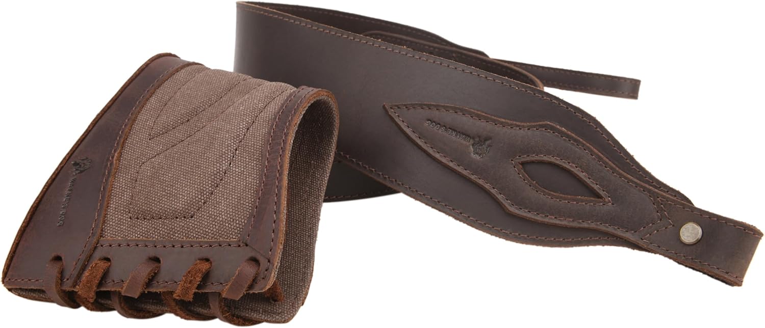 Tas Trost Adjustable Leather Rifle Strap with Canvas Gun Recoil Pad Buttstock and Swivels for Hunting