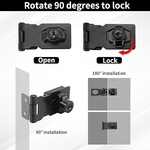 Miniatura 6 de Paquete de 4 cerraduras con llave, perilla giratoria de 4 pulgadas, cerrojo de bloqueo con llave, cerrojo negro con cerradura para armarios, puerta