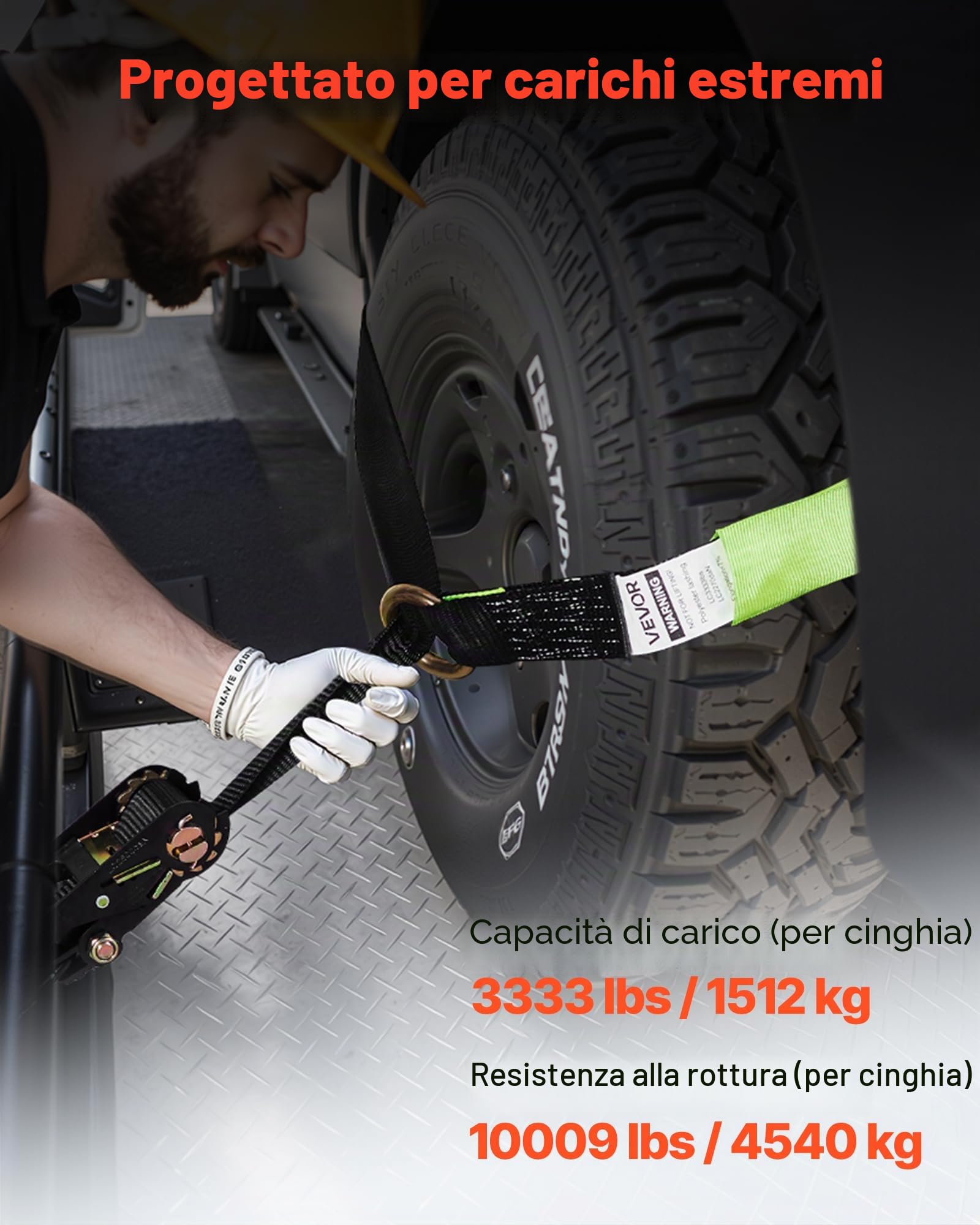 VEVOR Cinghie di Fissaggio per Ruote 50,8 x 3048 mm con Gancio Piatto Forza alla Trazione di 4540 kg, Sistema di Tensionamento per Pneumatici, Motociclette, SUV, Rimorchi, Nero
