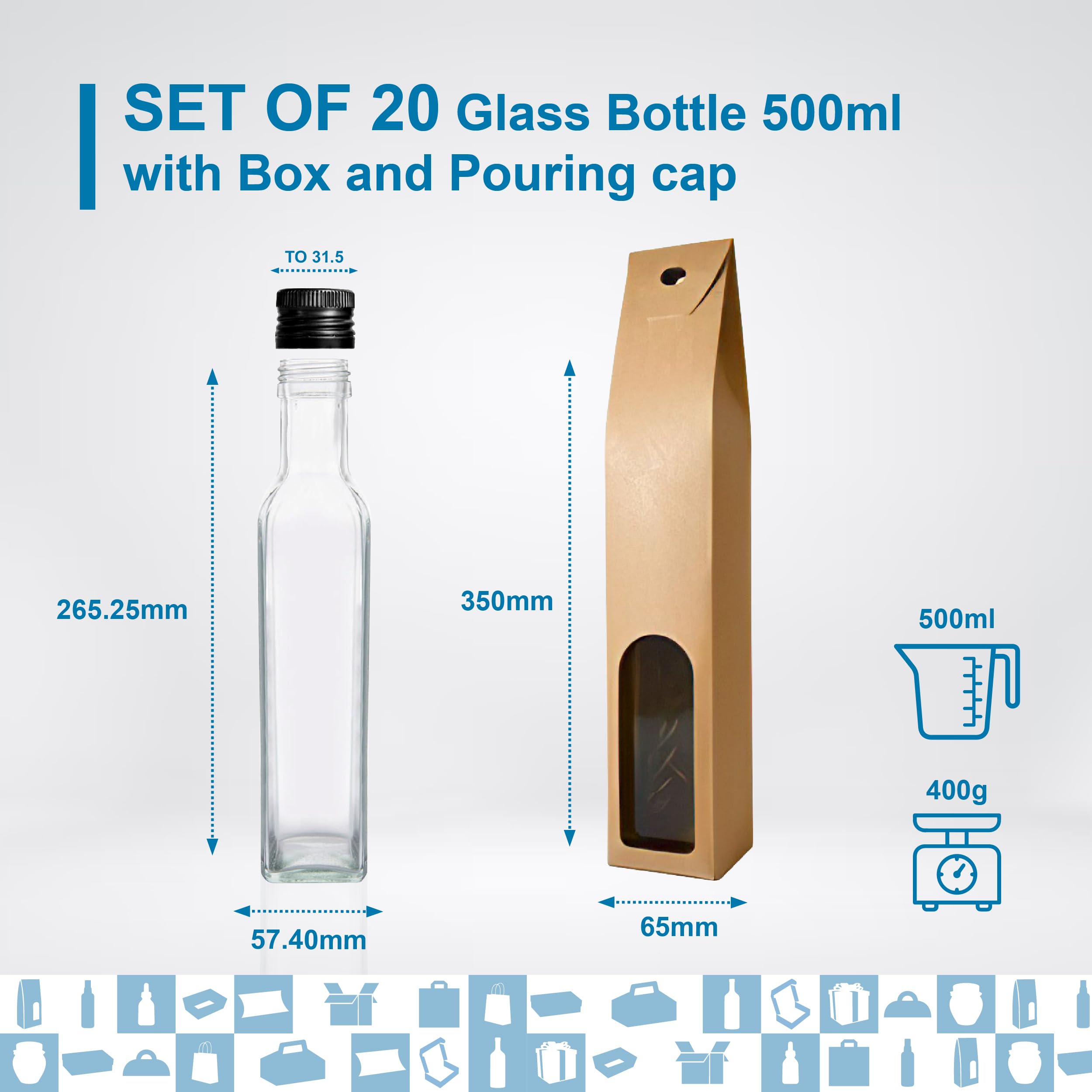 Espirito Rebelde 20 Botellas de Cristal 500ml con Tapón de Rosca Negro con Boquilla Vertedora + 20 Cajas - Aceite de Oliva, Vinagre, Alcohol, Salsas - Aceitera de Cristal