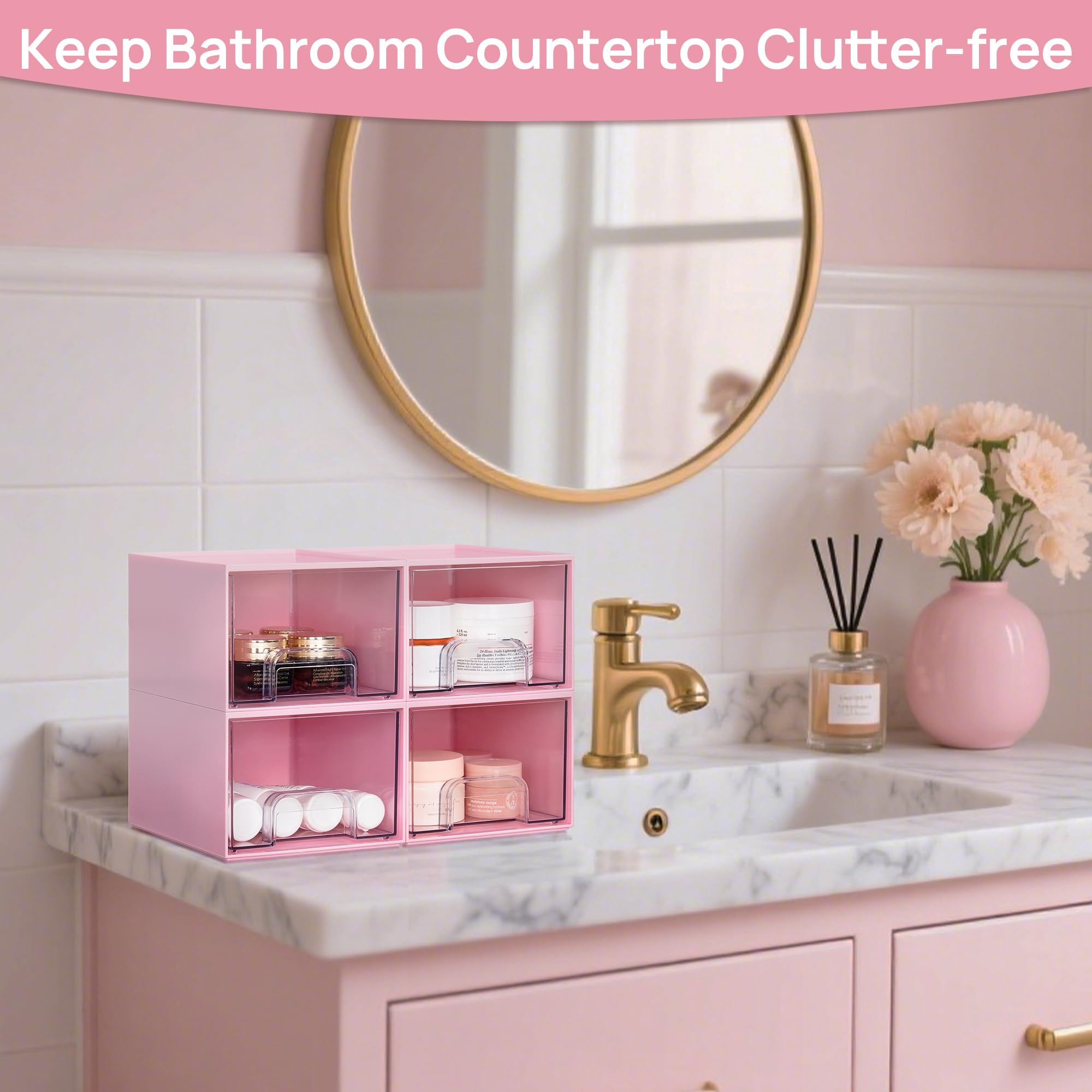 Vtopmart 4er-Set Kleine Stackable Storage Drawers, Acrylic Organiser, Aufbewahrung und Organisation for Dresser, Bathroom, Kosmetik, Küche, Vorratsschrank（Rosa）