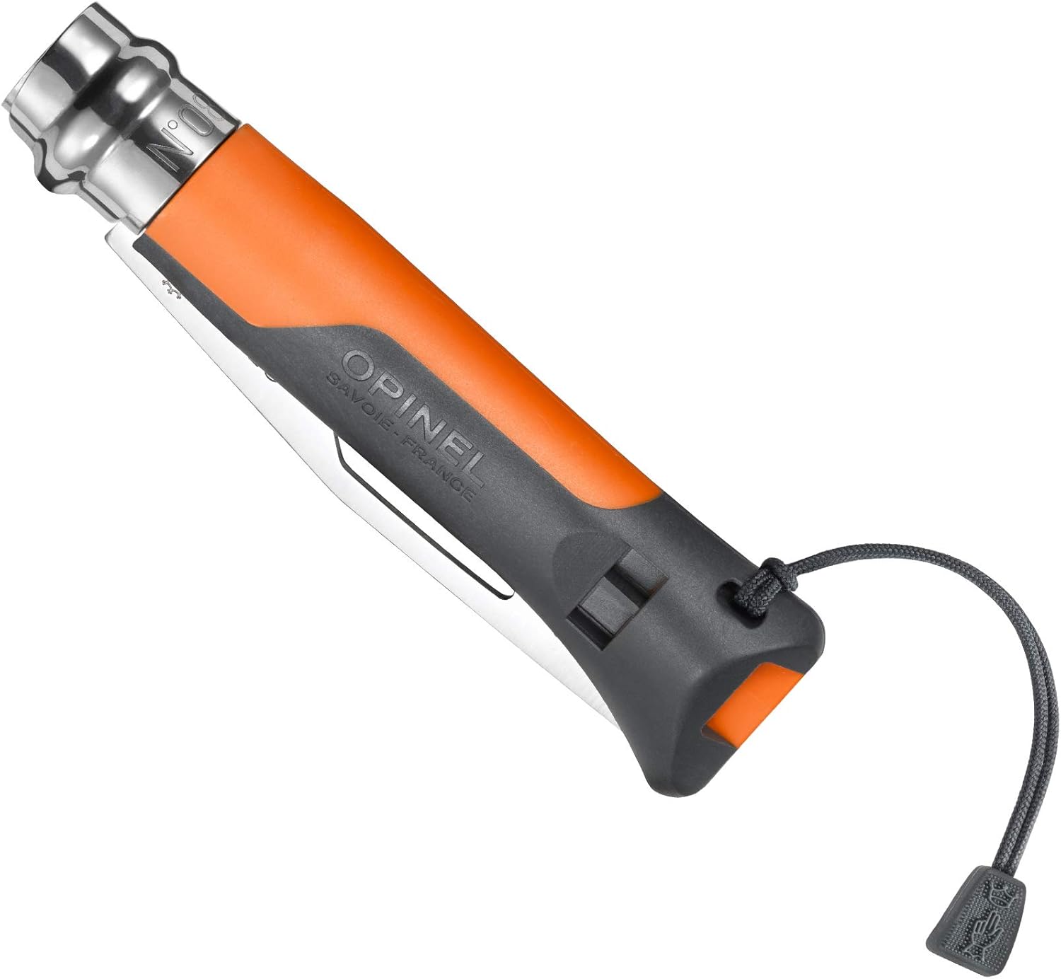 OPINEL No. 08 Outdoor Folding Knife + Multitool - Partially Serrated Stainless Steel Blade, Nonslip Handle, Survival Whistle, Shackle Key (Orange)