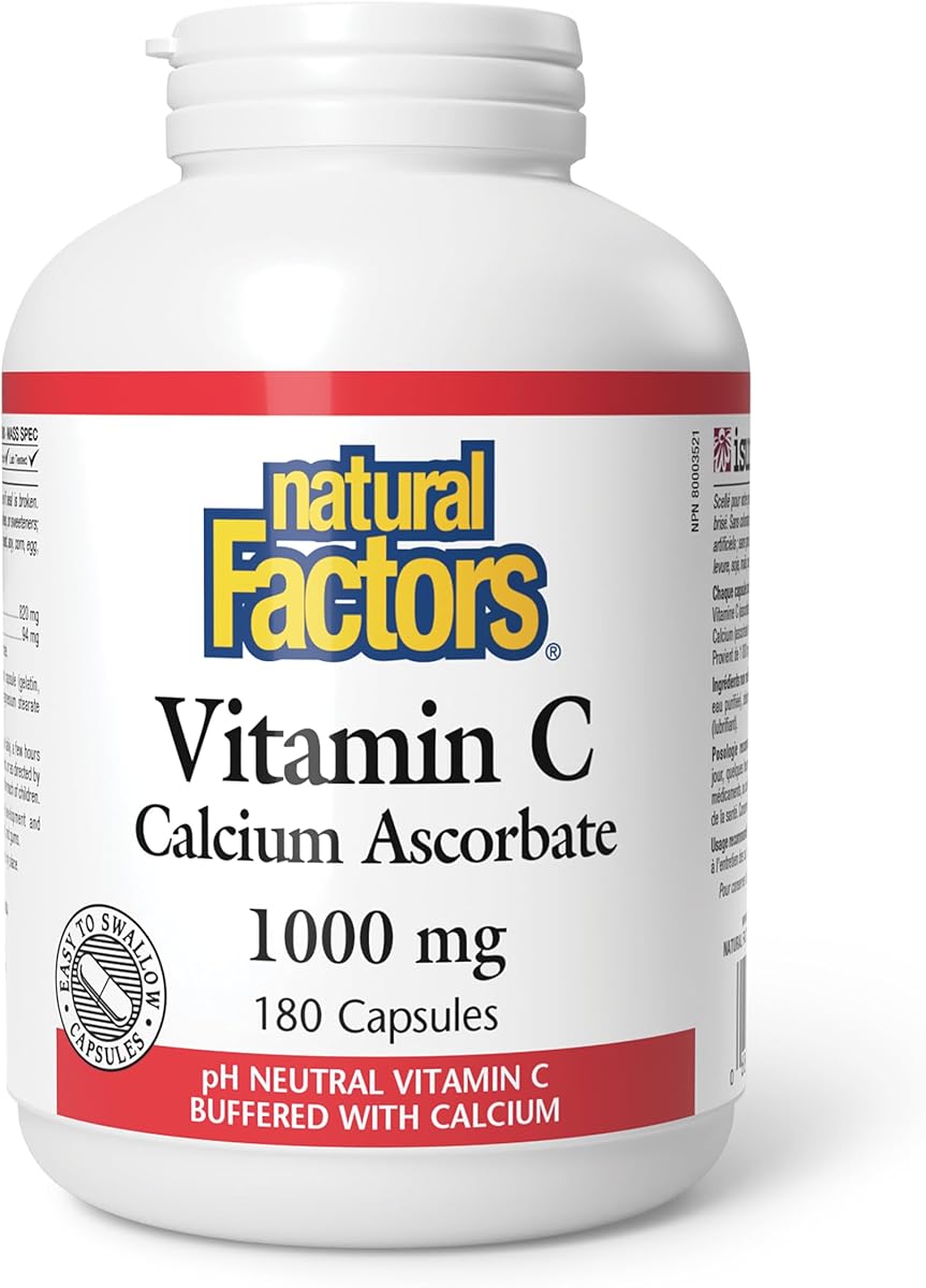 Natural Factors Natural Factors Vitamin C Calcium Ascorbate 1000 mg - 180 Capsules, HIGH POTENCY, pH Neutral Vitamin C Buffered with Calcium, Proudly Canadian