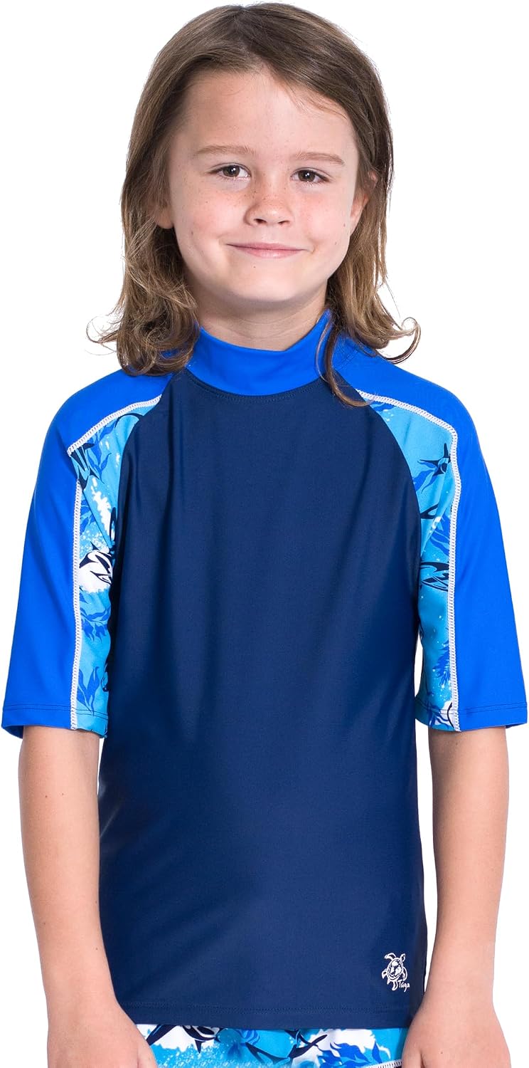 Tuga Boys Short Sleeve Rash Guard 1-14 Years, UPF 50+ Sun Protection Swim Shirt