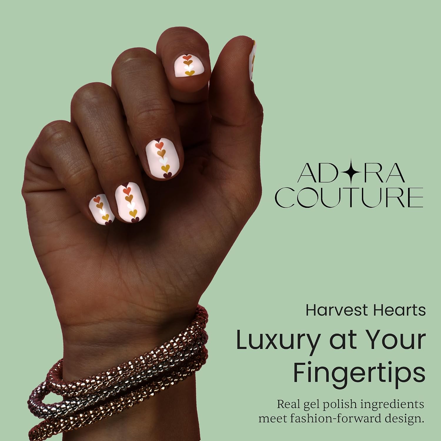 Adora Couture Semi Cured Gel Nail Strips with 20 Pieces, Salon Quality Wraps for Women, Beautiful Earthy Tones with Accent Hearts UV Gel Stickers, UV Light Required, Harvest Hearts