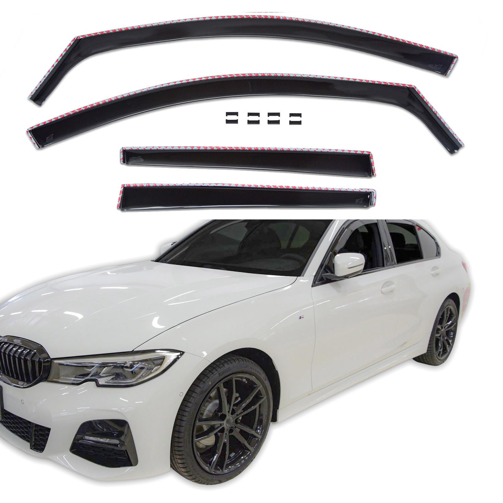 J&J AUTOMOTIVE GP Windabweiser passend für BMW 3 Series G20 / G21 4/5-Türer ab 2018 4tlg, Vorne und Hinten Regenabweiser Passform Getönt Schwarz