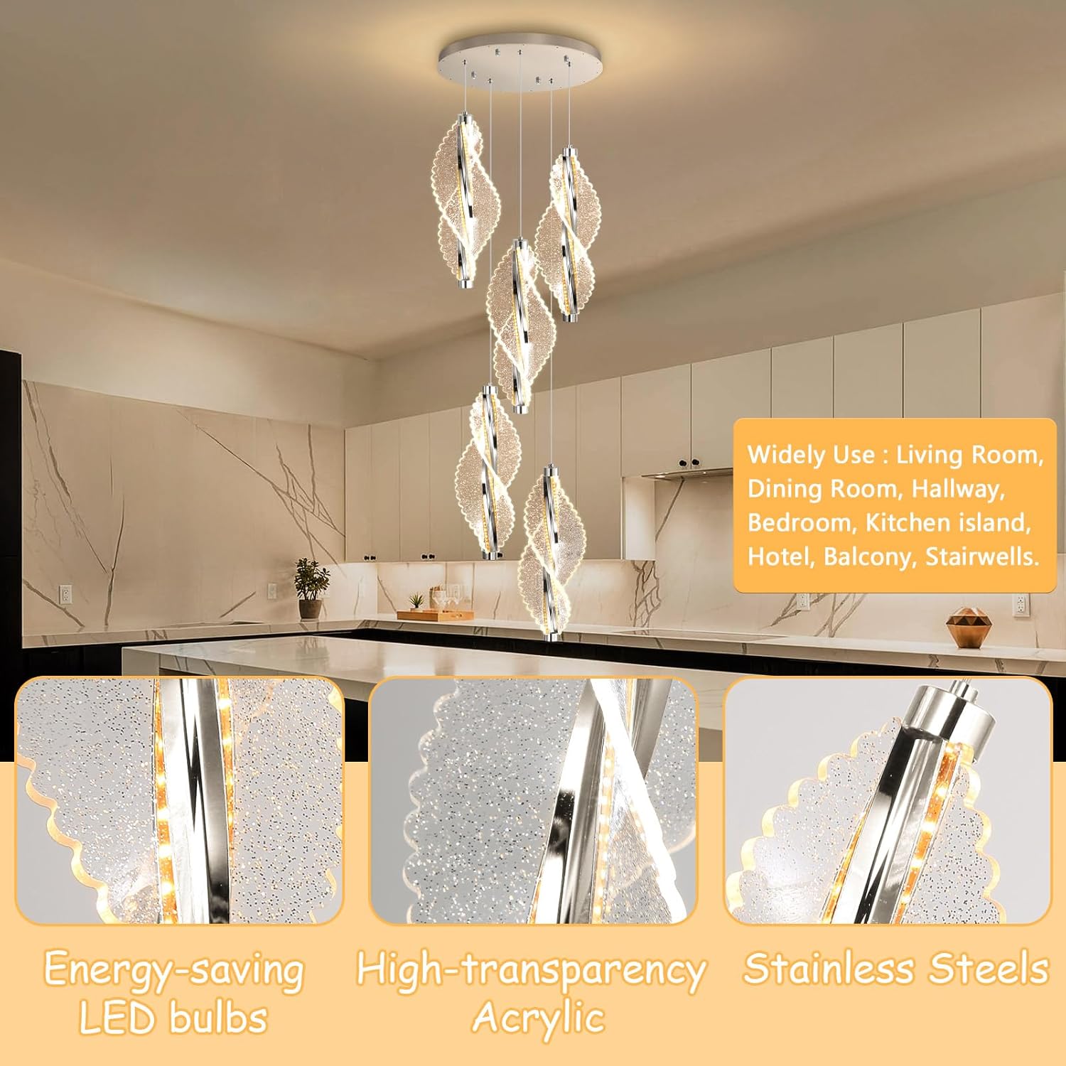 5-Light Silver Modern Chandelier Dimmable Light Fixture High Ceiling Chandelier for Foyer Acrylic Chandeliers Adjustable for Staircase Living Room Enterway Corridor LED Included