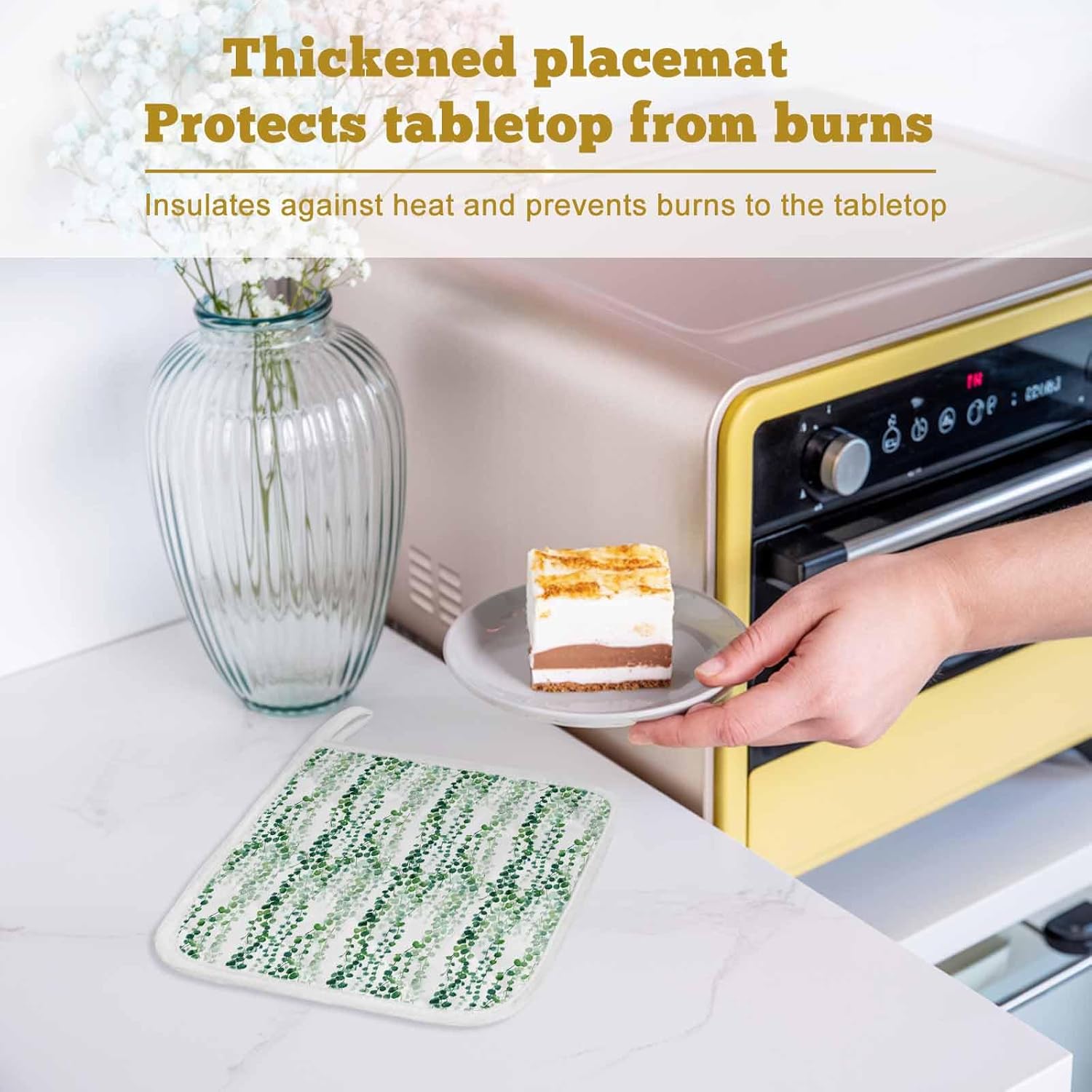 5 Pack Pot Holders for Kitchen, Green Weeping Eucalyptus Hot Pads for Kitchen Countertops Oven Pot Holder Bulk, Spring Summer Country Leaves Heat Insulation Potholders with Hanging Loops