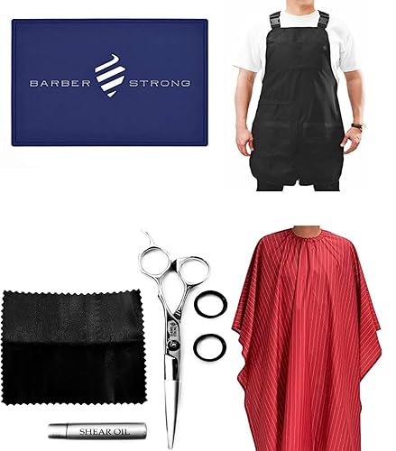 Barber Strong Barber Shears and the Barber Cape - Cubierta para corte de pelo – Rayas rojas/blancas, delantal de peluquero extra ancho en negro,