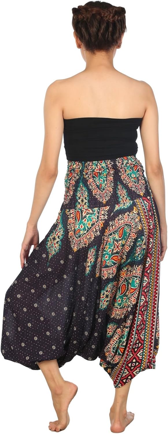 LOFBAZ Yoga Harem Pants for Women Boho Hippie Bohemian Clothing Womens Indian Beach Gypsy Clothes Maternity Genie Jumpsuit Floral Dark Blue 2XL