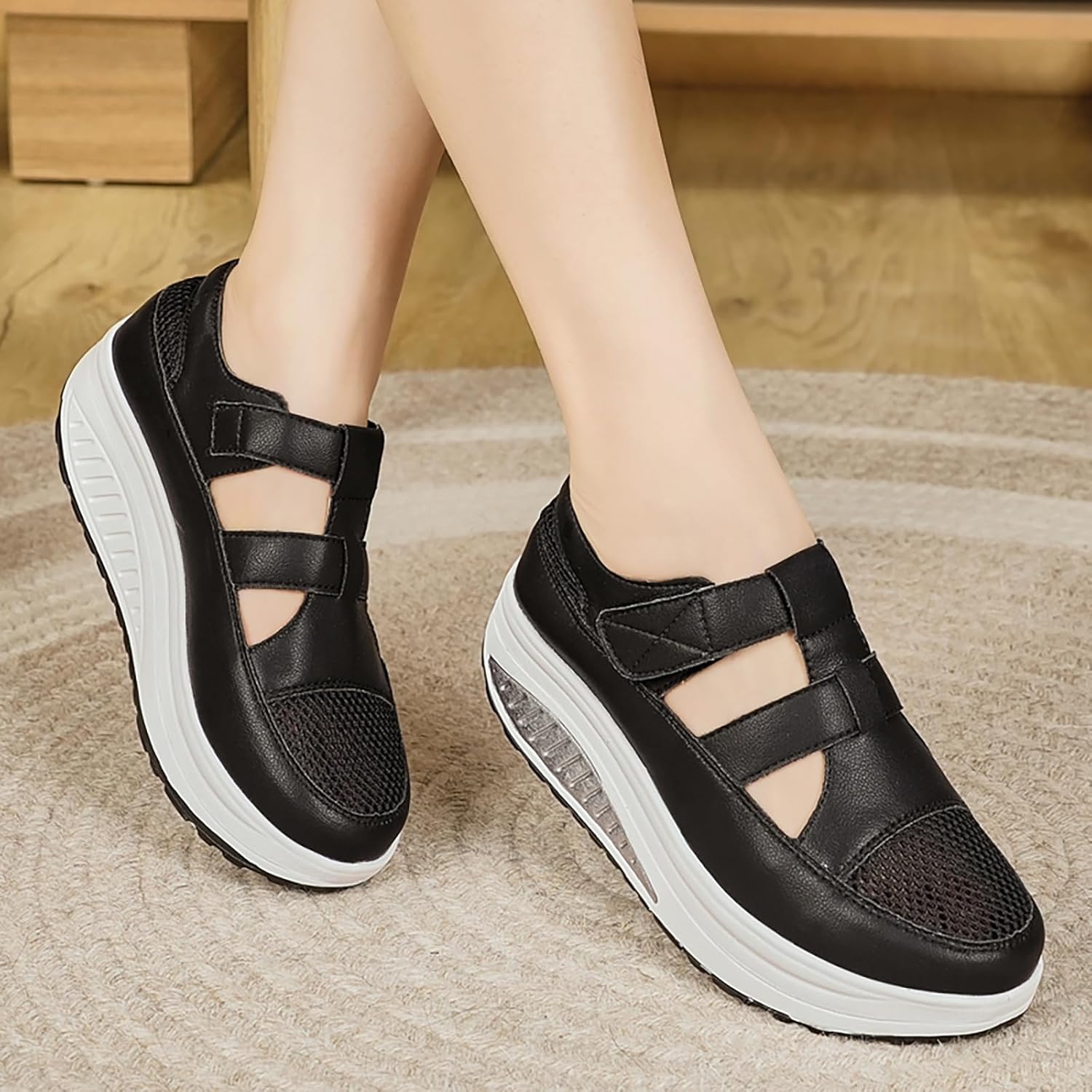 Women's Mesh Hollow Out Wedge Loafers with Adjustable Hook Loop Comfort Arch Support Round Toe Breathable Lightweight Chunky Platform Roman Walking Sandals for Outdoor Work Office - Image 7