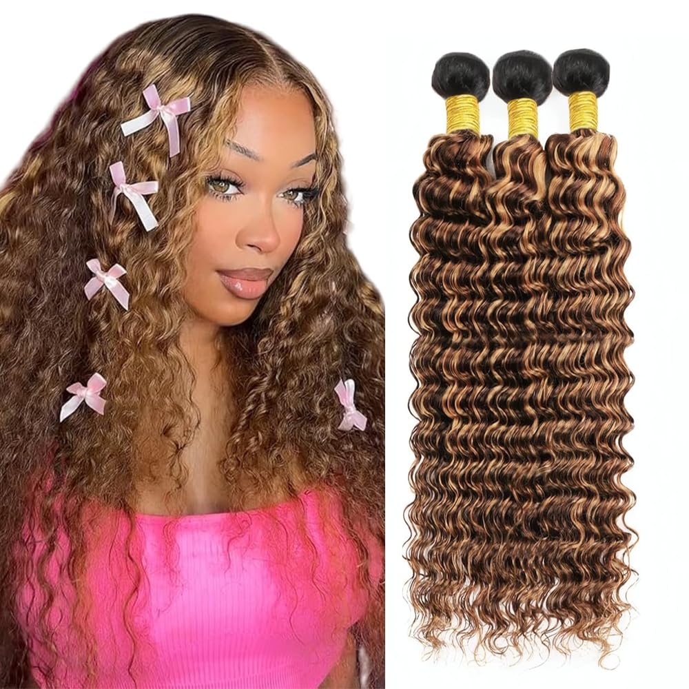 Hxxcoup P4/27 Highlight Blonde Color Deep Wave Human Hair Bundles Double Weft Weave Unprocessed Human Hair Extensions For Woman 3 Bundles Total 300g 18 20 22 Inch
