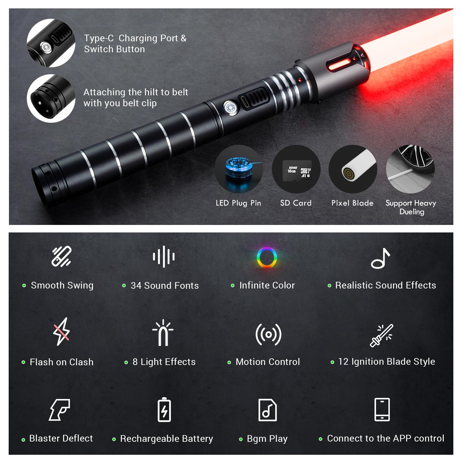 DAMIENSABER Aggiornamento Xenopixel 3.0 Light Saber, Sensibile Motion Control Light Sabers 34 Font Suoni, Liscio Swing Dueling Light Saber con Infinito Cambiamento di Colore per Adulti Metal Hilt,