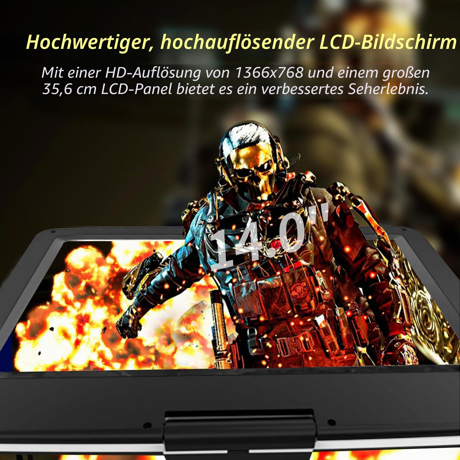 Tragbarer DVD-Player mit 16,1 Zoll (42,9 cm) (14,1 Zoll) drehbarem Bildschirm, 6 Stunden Akku, Auto-Kopfstützenhalterung, tragbare DVD unterstützt alle Regionen-Discs/SD-Karte/USB/Sync-TV, Schwarz