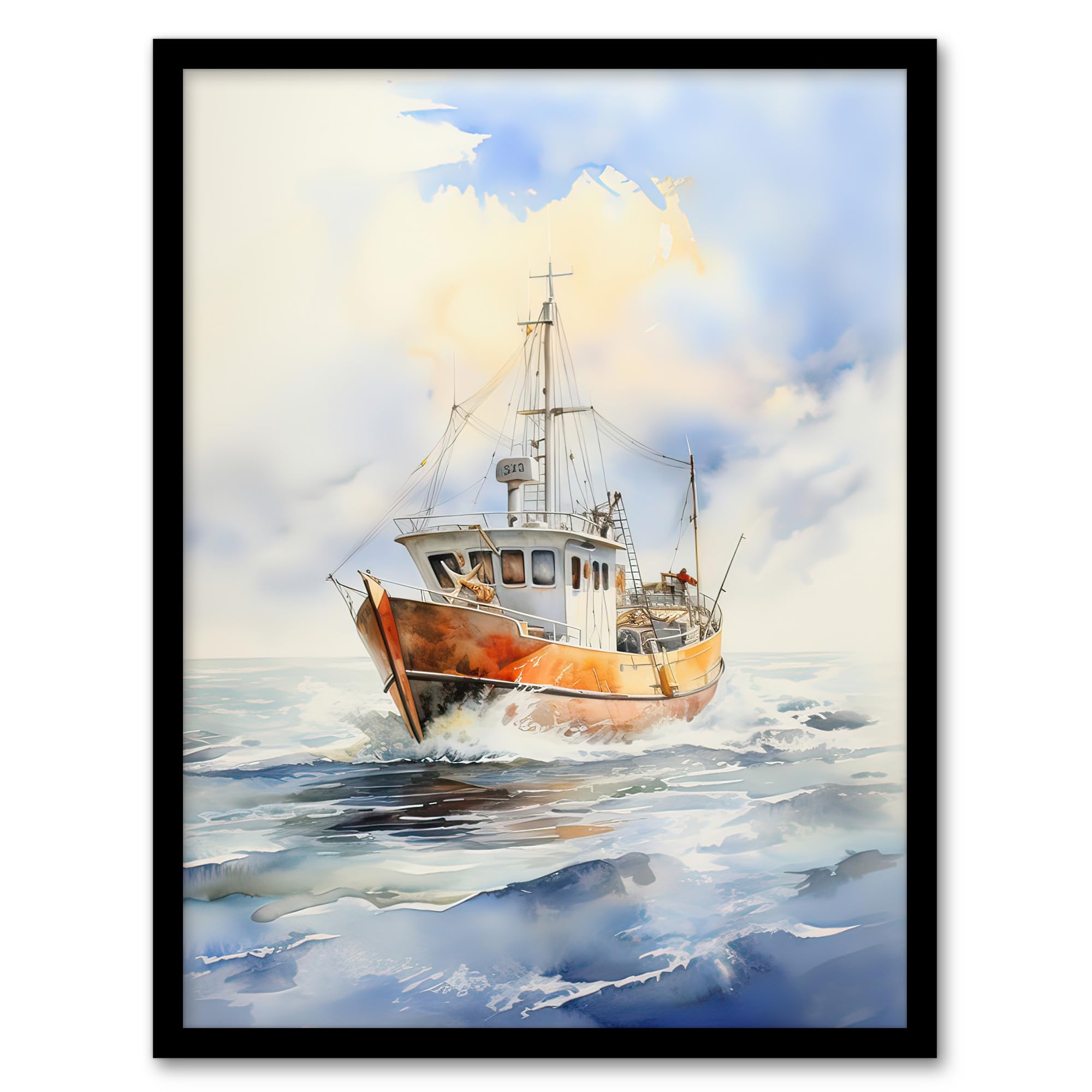 Artery8 Fishing Boat at Sea Detailed Watercolour Seascape Artwork Framed Wall Art Print A4