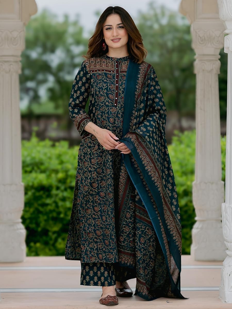 DREAMANGEL FASHION Women Cotton Printed Straight Kurta and Palazzo With Dupatta