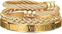 WFYOU Men's 3PCS Gold Stainless Steel Bracelet Set - Roman Numeral Bangle, Twisted Cable & Adjustable Cuff Luxury Jewelry