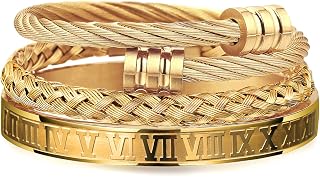 WFYOU Men's 3PCS Gold Stainless Steel Bracelet Set - Roman Numeral Bangle, Twisted Cable & Adjustable Cuff Luxury Jewelry