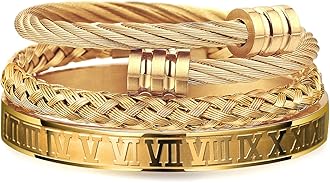 3PCS Stainless Steel Bracelets for Men Gold Roman Numeral Bangle Bracelet Twisted Cable Bracelet Adjustable Cuff Bracelet Mens Luxury Jewelry Bracelets Gifts