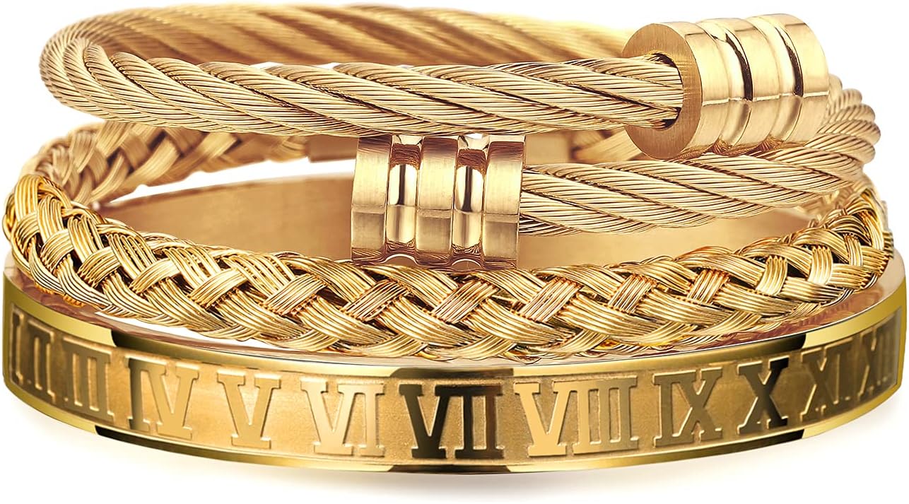 3PCS Stainless Steel Bracelets for Men Gold Roman Numeral Bangle Bracelet Twisted Cable Bracelet Adjustable Cuff Bracelet Mens Luxury Jewelry Bracelets Gifts
