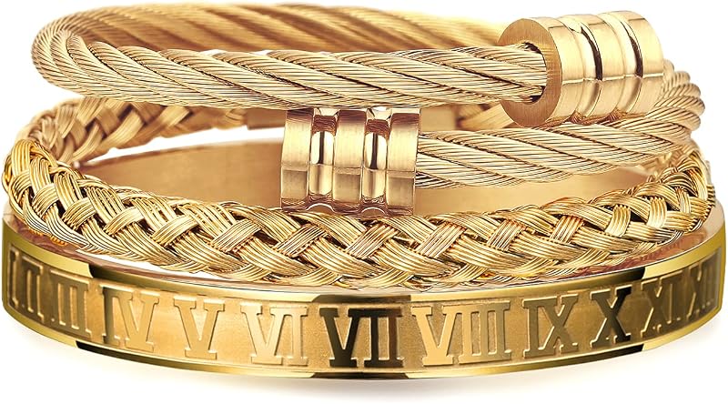 WFYOU 3PCS Stainless Steel Bracelets for Men Gold Roman Numeral Bangle Bracelet Twisted Cable Bracelet Adjustable Cuff Bracelet Mens Luxury Jewelry Bracelets Gifts