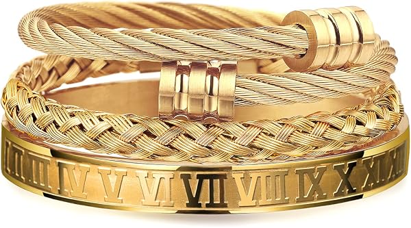 WFYOU 3PCS Gold Stainless Steel Bracelets Set for Men