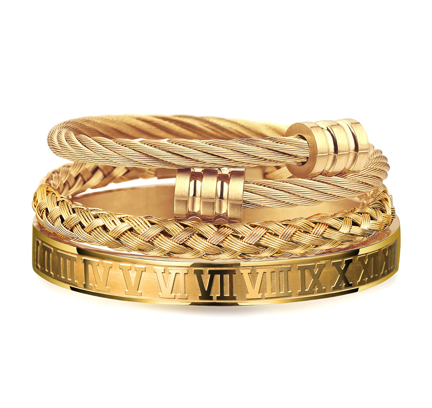 WFYOU 3PCS Stainless Steel Bracelets for Men Gold Roman Numeral Bangle Bracelet Twisted Cable Bracelet Adjustable Cuff Bracelet