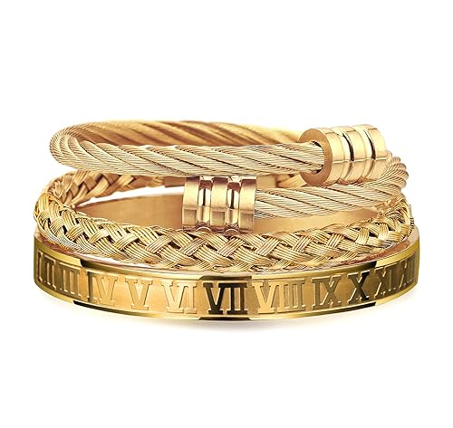 WFYOU 3PCS Stainless Steel Bracelets for Men Gold Roman Numeral
