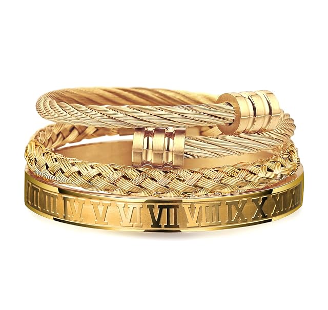 WFYOU 3PCS Stainless Steel Bracelets for Men Gold Roman Numeral Bangle Bracelet Twisted Cable Bracelet Adjustable Cuff Bracelet