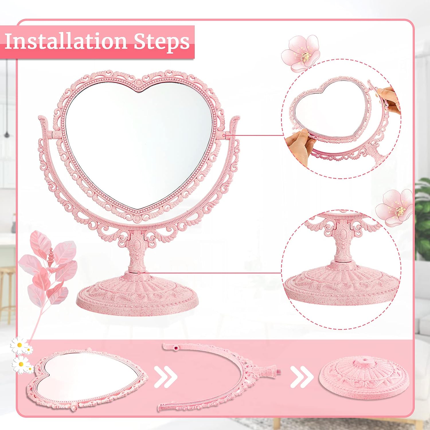 Jetec Heart Shaped Mirror Desktop Makeup Retro 360 Degree Rotation Standing Cosmetic for Dresser Room Decor Vintage Makeup Cosmetic Mirror(Pink)