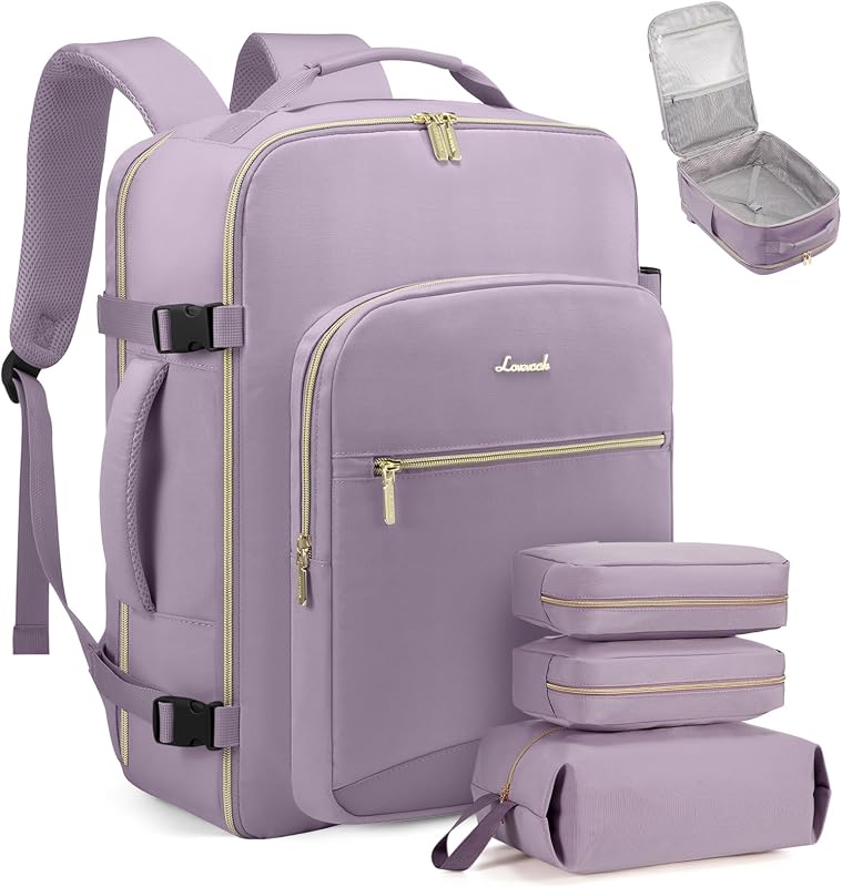 LOVEVOOK Mochila de viaje de 40 litros, mochila de mano aprobada por vuelo, 3 cubos de embalaje, bolsa de viaje impermeable para artículos personales, valija de equipaje de mano TSA, elementos esenciales de viaje, regalos para mujeres y hombres, se adapta a portátiles de 17 pulgadas