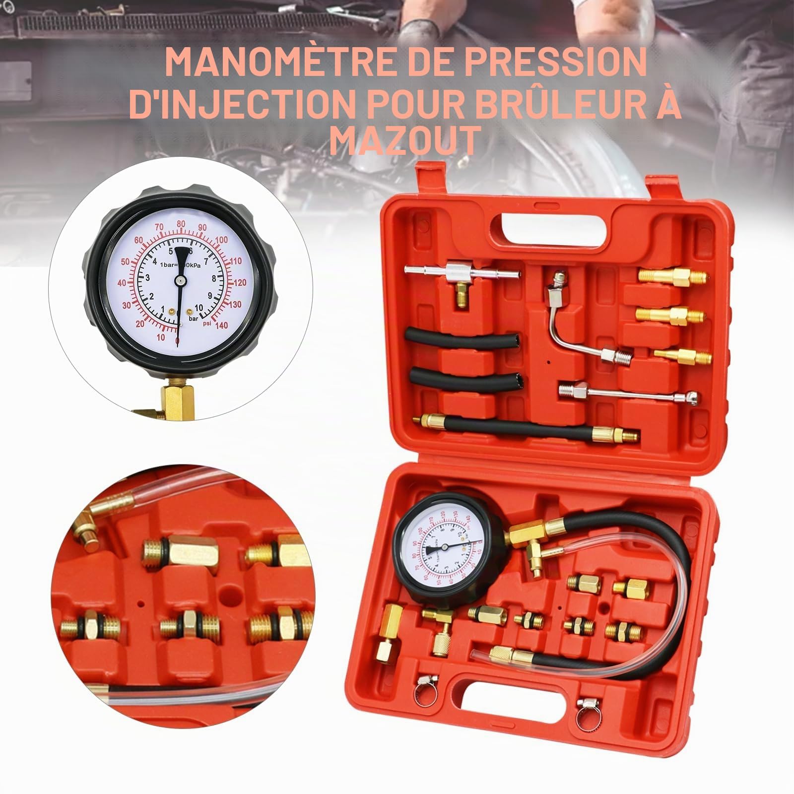 Testeur de pression d'injecteur de carburant avec adaptateur et manomètre 0-140PSI Testeur de pression de pompe à carburant, voiture, camion, moto, outils de diagnostic