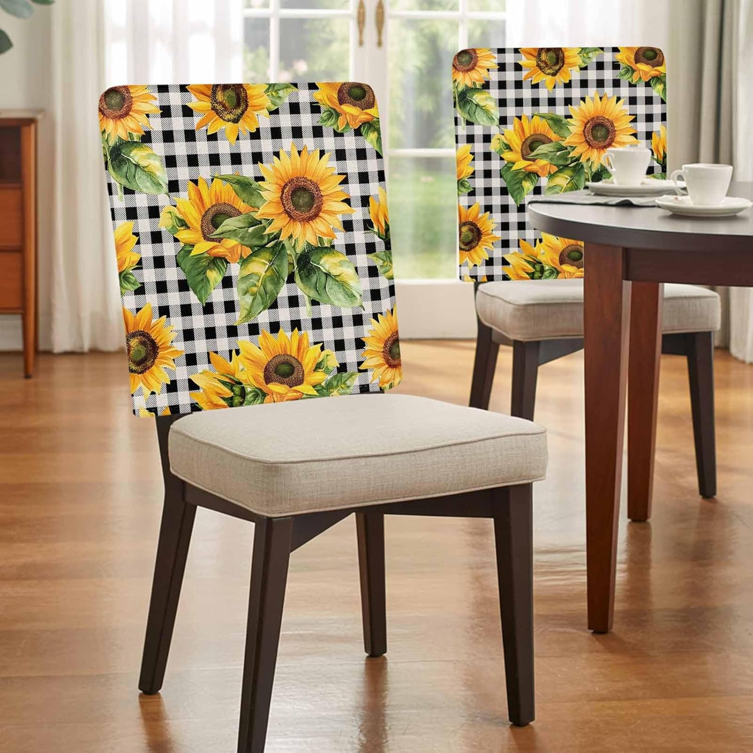 Chair Back Covers Set of 6, Sunflower Black Check Washable Chair Covers for Dining Room, Spring Summer Flowers Botanical Decorative Dining Chair Slipcover for Kitchen, Home, Hotel, 20x19 Inch