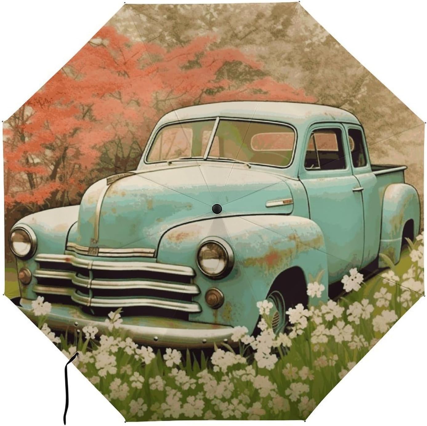 Spring Retro Car Umbrella Extra Large Folding, Travel Umbrella Windproof, Compact, Golf Umbrella With Unique Patterns, Fashionable And Beautiful for Men And Women.