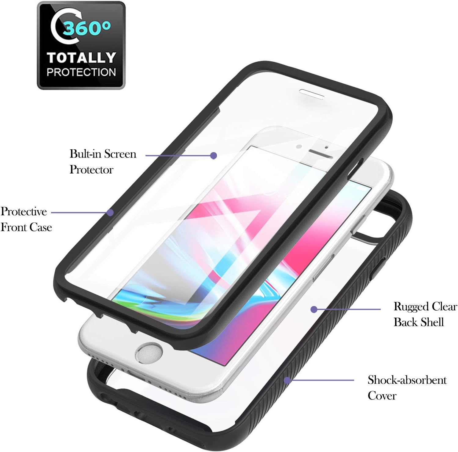 for iPhone 16e 2025 Case 6.1", for iPhone 16e 5G Phone Case with Built-in Screen Protector Clear Slim Back Cover Shockproof Rugged Heavy Duty Bumper Full Body Protective Case, Black - Image 2