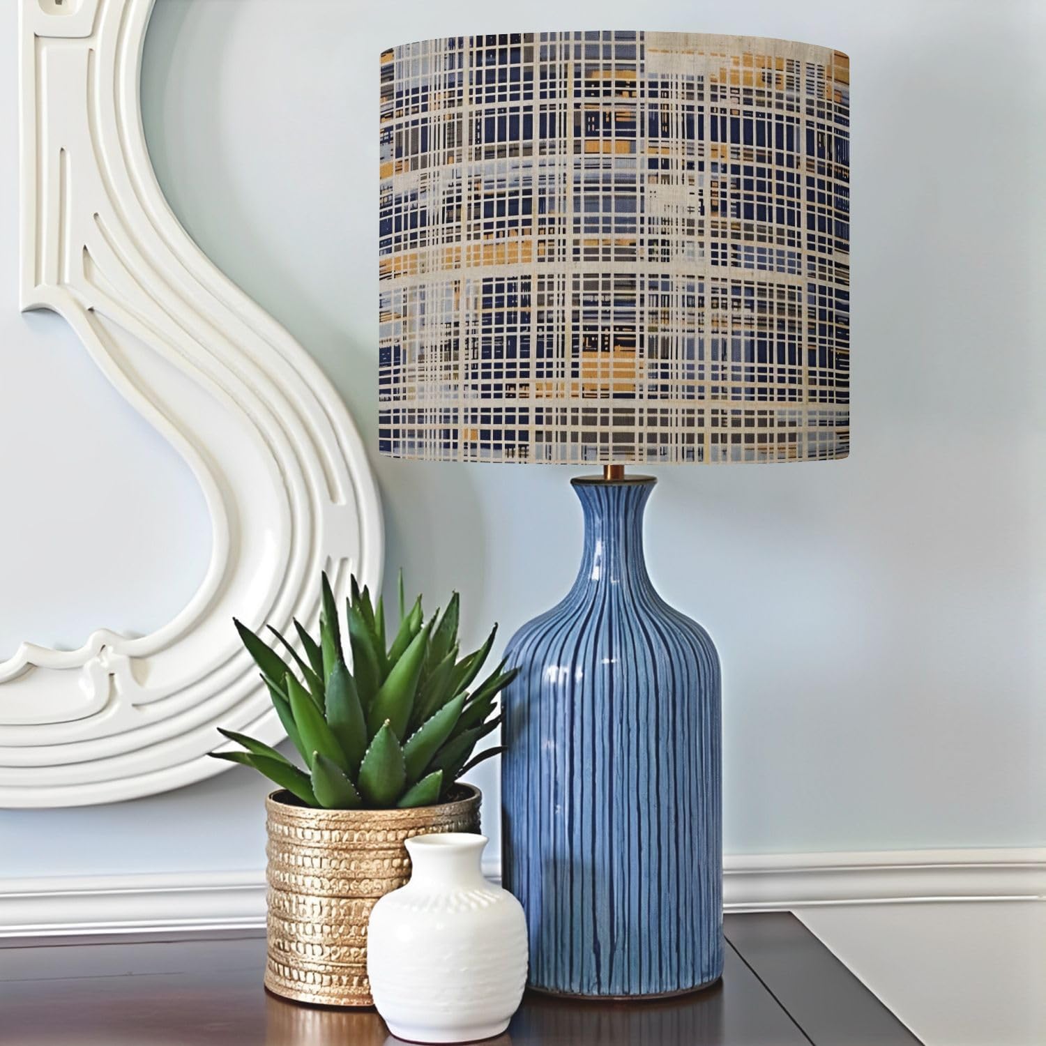 Plaid check patten indigo navy beige cream pale beige Modern vintage Drum Lamp Lampshade Set of 2-11" x 11" x 8.9" Vintage Replacement Fabric Lampshades for Table Lamps, Floor Lamps Easy Assembly