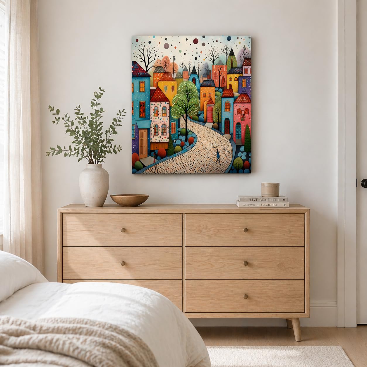 Qiukoo Framed Canvas Wall Art – Colourful Town Artwork, Waterproof Modern Print with Hook, Whimsical Wall Decoration for Living Room, Bedroom Pictures for Wall or Prints for Walls – 12x16 Inch — view 7