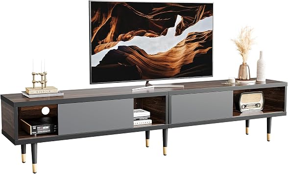 Bestier Mid Century Modern TV Stand for 85 inch tv, Entertainment Center with Storage and Sliding Doors, 2 in 1 Long TV Cabinet for Living Room, Walnut and Black