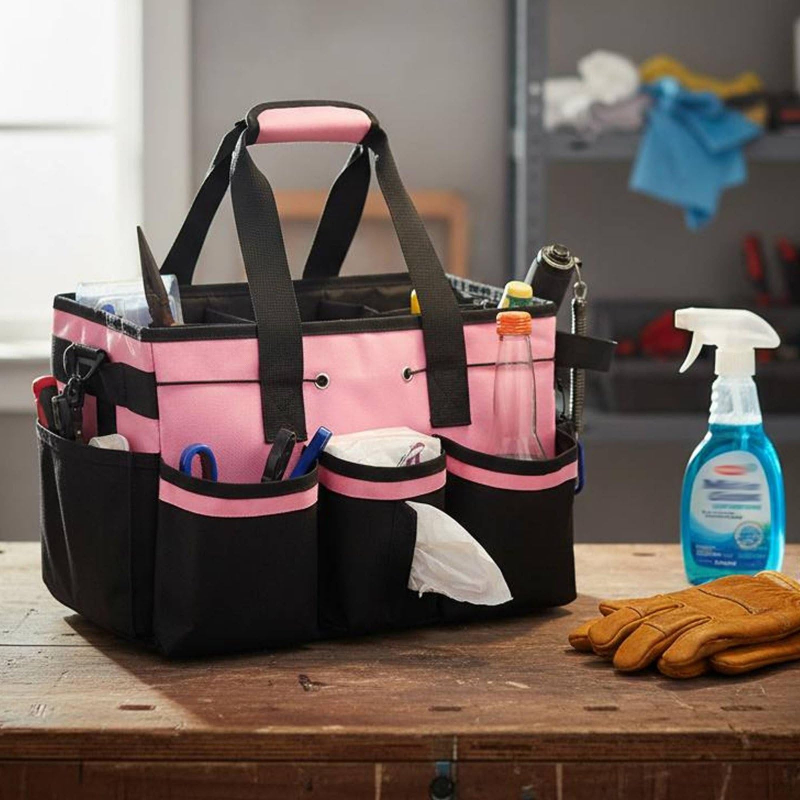 KESOTO Cleaning Organizer Sac de Transport Organisateur d'Entretien Sac à Outils Fourre-tout de Rangement Multi-compartiments et Poches Oxford Résistant, Gris, Ns-214