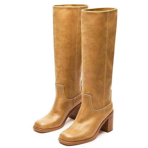 heelchic Knee High Boots for Women Campus Banana Square Toe Chunky Block Heel Tall Boots Long Riding Boots