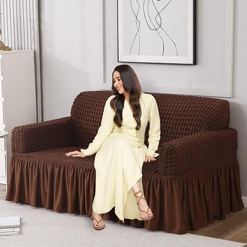HOKIPO Elastic Stretchable Bubble Double Seater 280 GSM Sofa Cover with Frill (AR-4603-B3), Brown