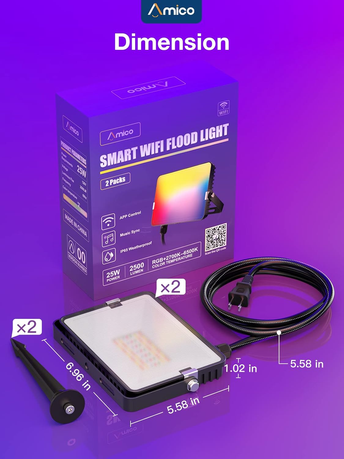 Amico 25W Smart RGB Flood Light, App Controlled WiFi Flood Light, 2500LM, 2700-6500K, 16 Million Color, Timing Function, Music Sync, 8 Scene Modes, IP65 Waterproof Stage Light, 2 Pack