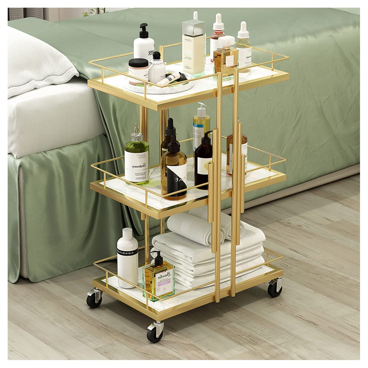 Carrito utilitario de 3 niveles con estantes de mármol blanco que ahorra espacio, carrito de servir para salón, hogar y hotel, elegante para una fácil instalación y movilidad