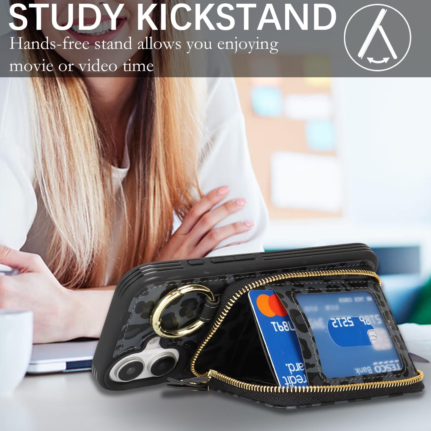 for iPhone 16 Case Wallet with Card Holder,for iPhone 16 Phone case Wallet with Zipper with Slot Kickstand Stand for Women and Man Case for 5G 6.1 Inch-Black Leopard