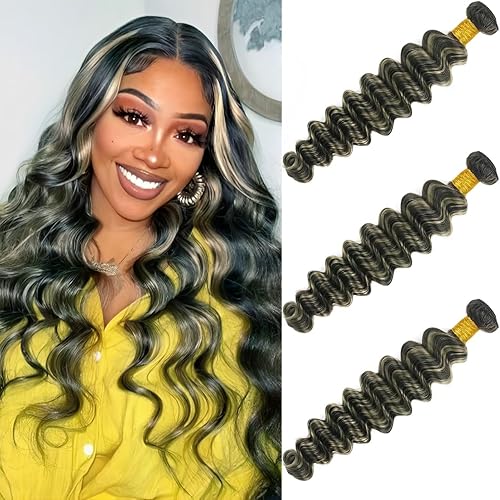 ZLFRJMV Blonde Highlight Bundles Human Hair 24 26 28Inch Deep Wave Bundles Brazi